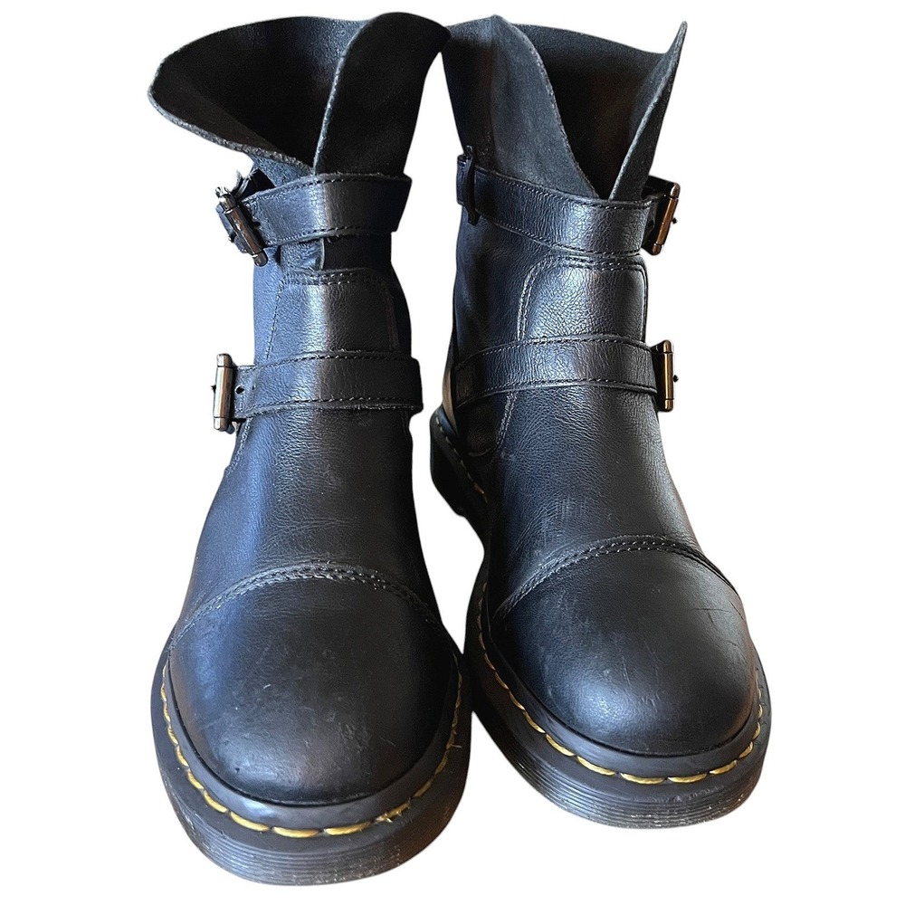 Dr. Martens Kristy Black Leather Suede Biker Boots Buckle Mid Calf Womens 9 - Picture 9 of 16